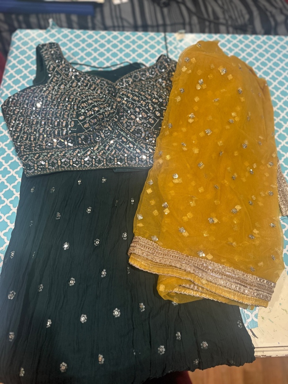 Embellished Bottle green Indian Lengha  with Mustard Dupatta